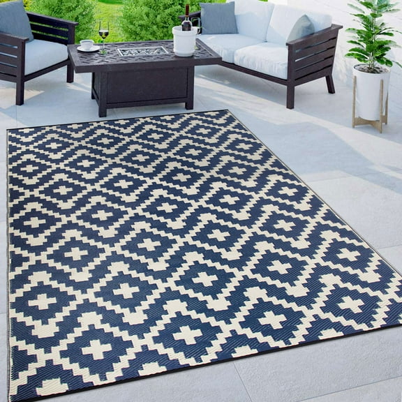 World Rug Gallery Trellis Geometric Reversible Plastic Indoor and Outdoor Picnic Mat, Camping Rug, RV Rug - NAVY 5' X 7'