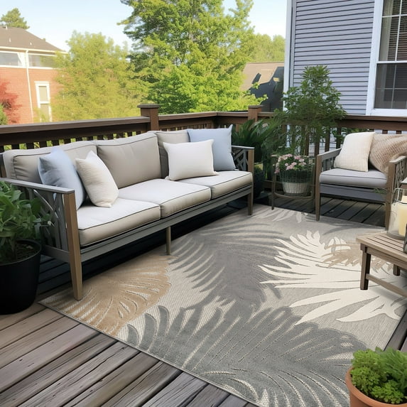 World Rug Gallery Tropical Floral Indoor/Outdoor Area Rug - Gray - 6'6"x6'6"