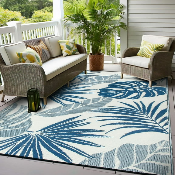 World Rug Gallery Tropical Floral Leaf Reversible Recycled Plastic Outdoor Picnic Mat, Camping Rug, RV Rug - NAVY 5'x7'