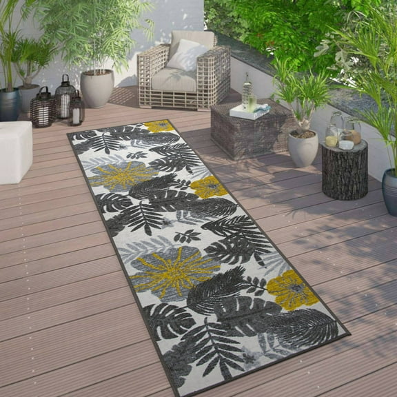 World Rug Gallery Tropical Floral Leaves Indoor/Outdoor Area Rug - GRAY 2'x7'