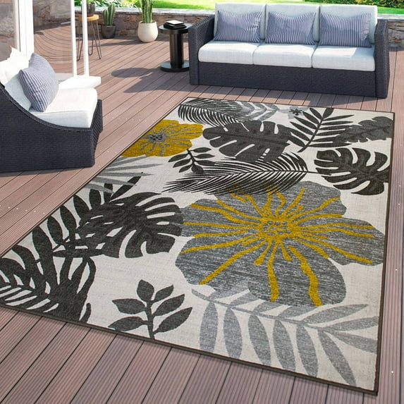 World Rug Gallery Tropical Floral Leaves Indoor/Outdoor Area Rug - GRAY 5' X 7'