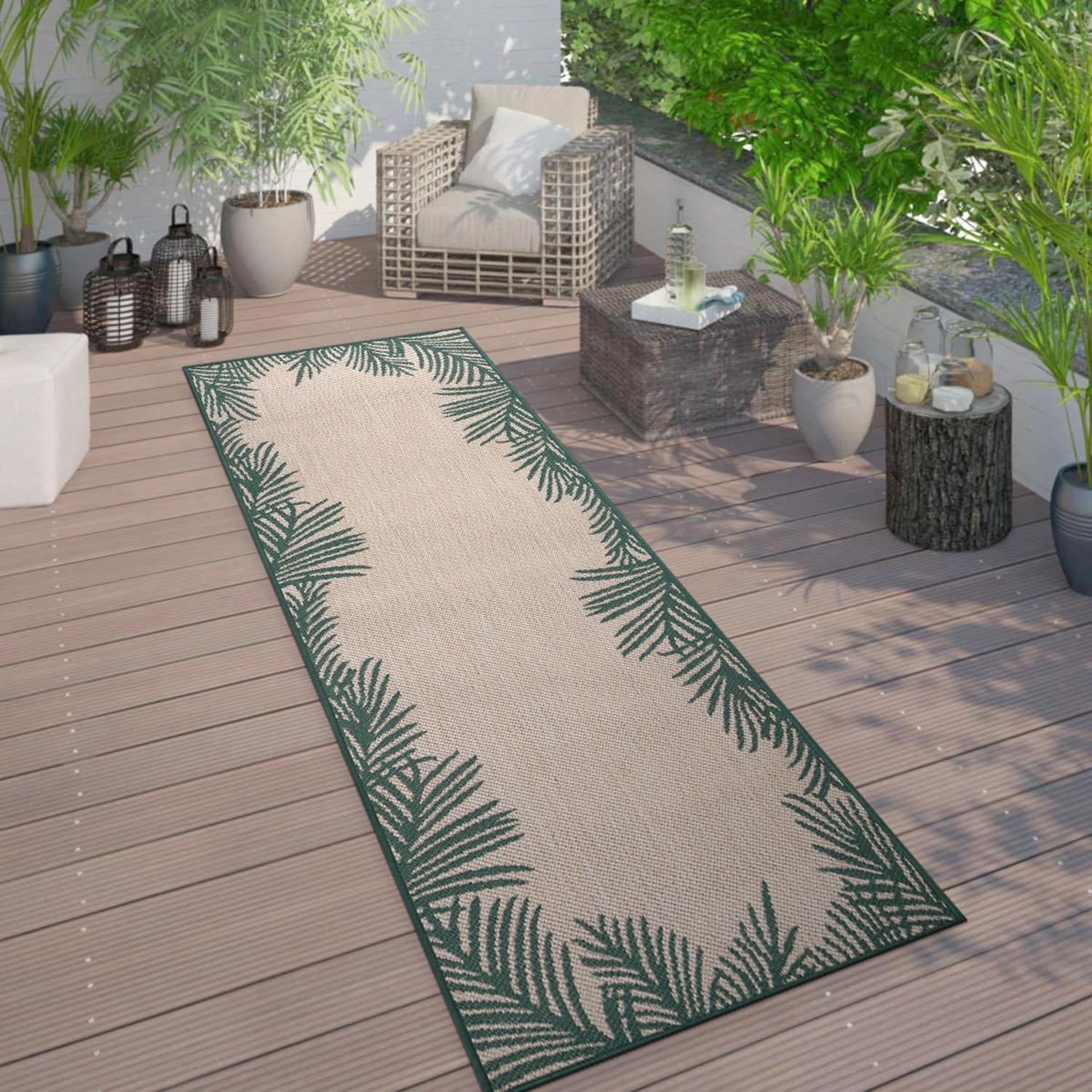 Tropical Palm Floral Green Synthetic 2'x7' Indoor/Outdoor Rug