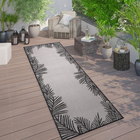 World Rug Gallery Tropical Floral Palm Leaves Textured Flat Weave Indoor/Outdoor Area Rug - BLACK 2'x7'