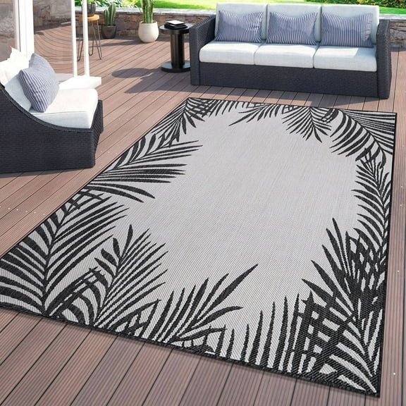 World Rug Gallery Tropical Floral Palm Leaves Textured Flat Weave Indoor/Outdoor Area Rug - BLACK 5' X 7'