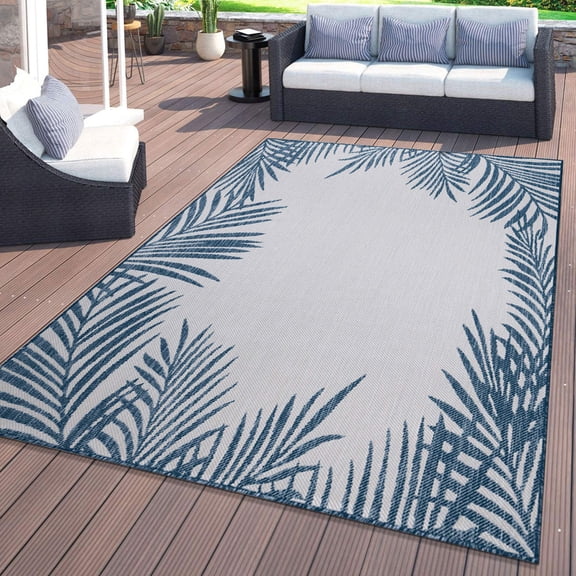 World Rug Gallery Tropical Floral Palm Leaves Textured Flat Weave Indoor/Outdoor Area Rug - NAVY 7'10"X10'