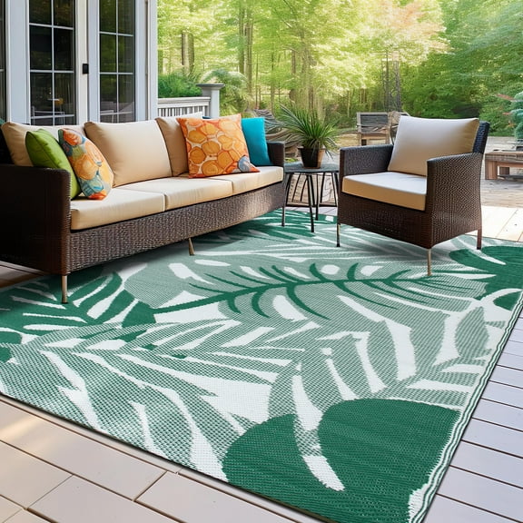 World Rug Gallery Tropical Leaf Reversible Recycled Plastic Outdoor Picnic Mat, Camping Rug, RV Rug - GREEN 7'10"x10'
