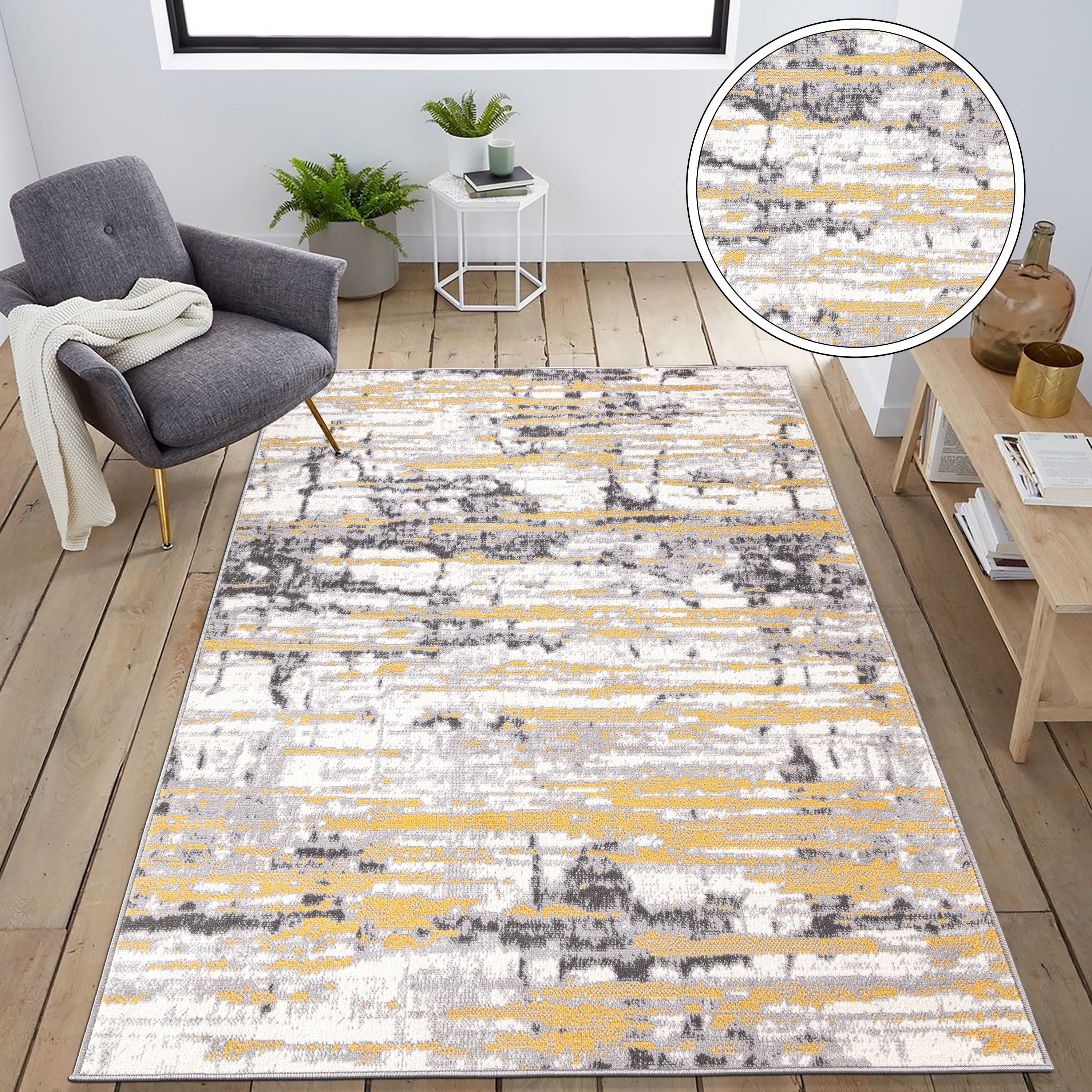 Yellow and Gray Abstract 8' x 10' Synthetic Area Rug