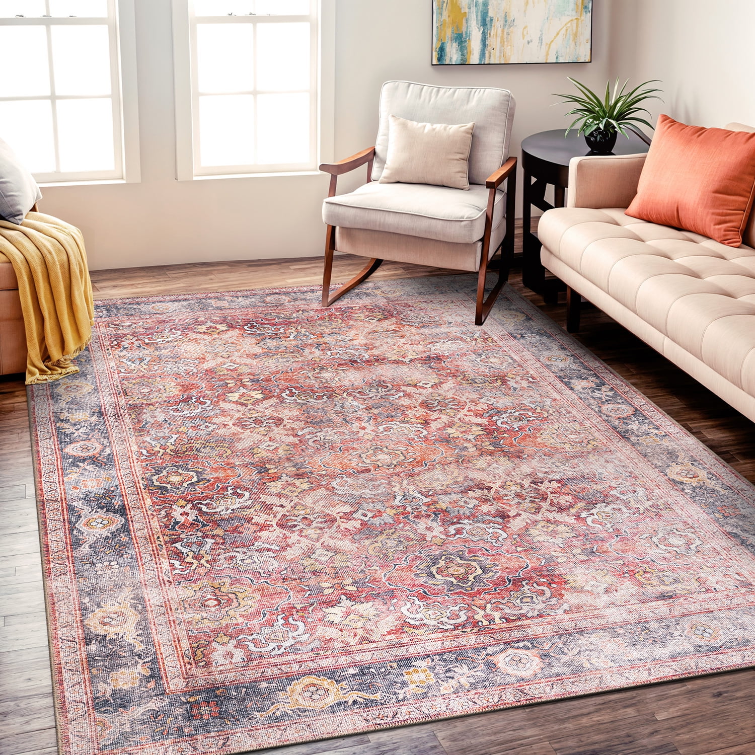 Vintage Red and Blue Synthetic 8' x 10' Washable Area Rug