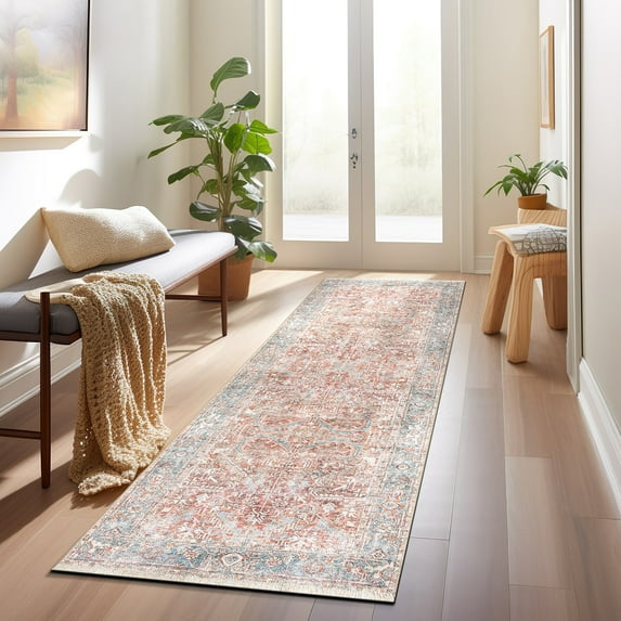 World Rug Gallery Vintage Distressed Machine Washable Area Rug- RED 2'6"x10'