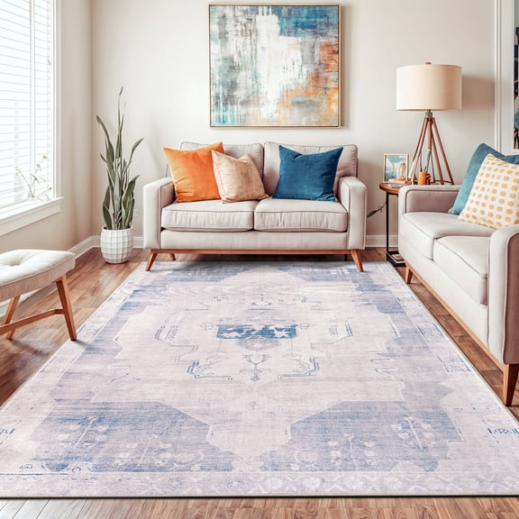World Rug Gallery Vintage Medallion Machine Washable Non Slip Area Rug - BLUE 5'x7'