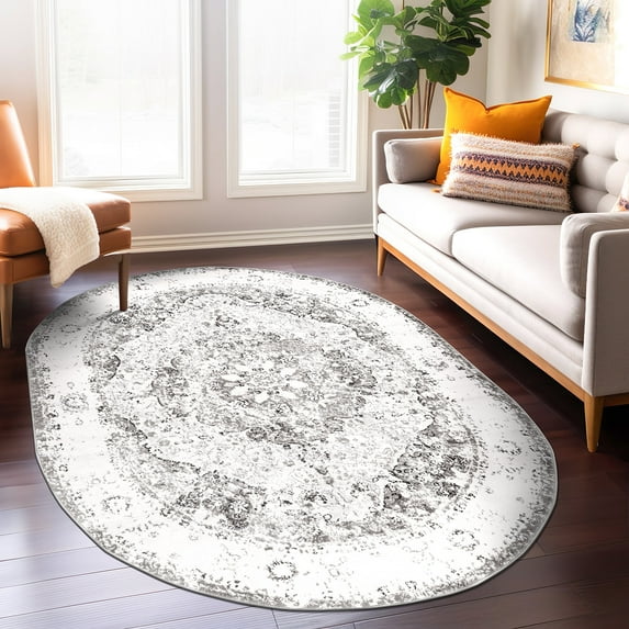 World Rug Gallery Vintage Oriental Distressed Medallion Area Rug - Gray 5'x6'6" Oval