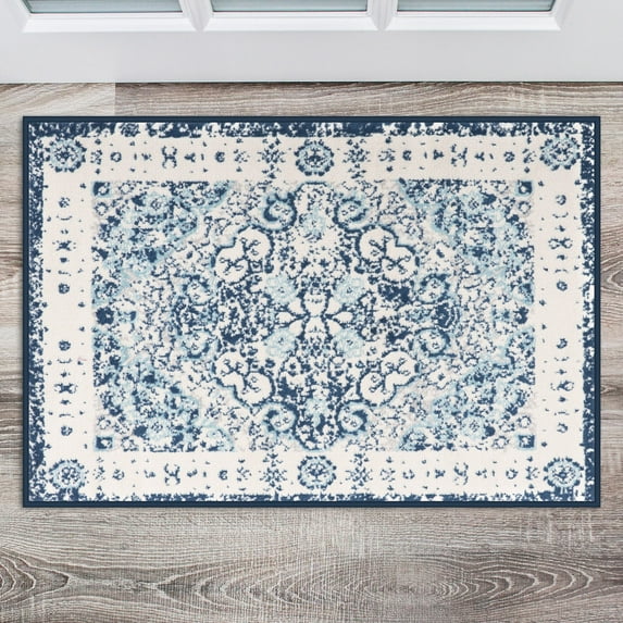 World Rug Gallery Vintage Oriental Distressed Medallion Blue 2' x 3' Door Mat