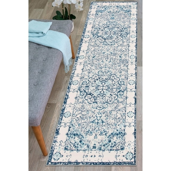 World Rug Gallery Vintage Oriental Distressed Medallion Blue 2' x 7' Runner Rug