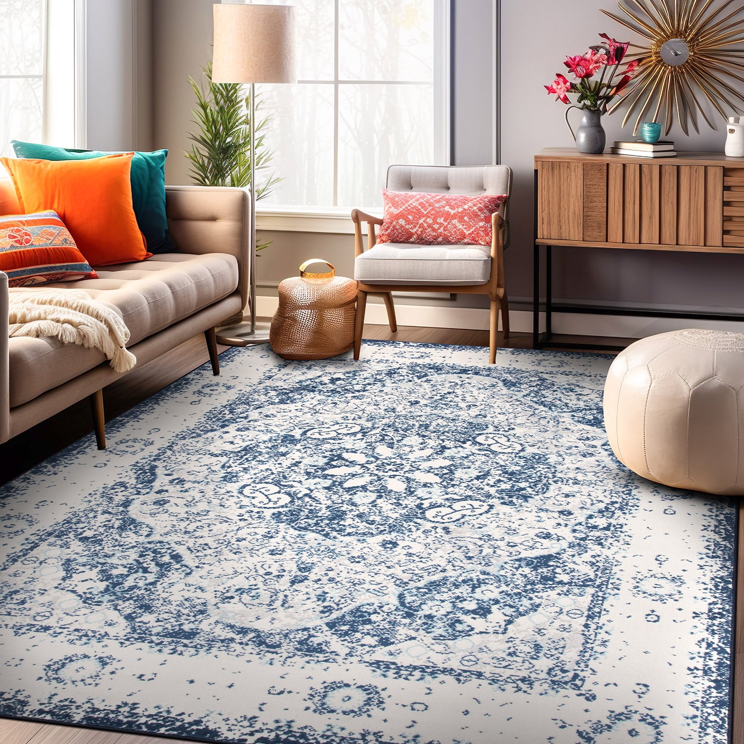 Bohemian Distressed Medallion 5' x 7' Blue Synthetic Area Rug