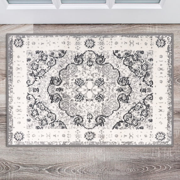 World Rug Gallery Vintage Oriental Distressed Medallion Grey 2' x 3' Door Mat