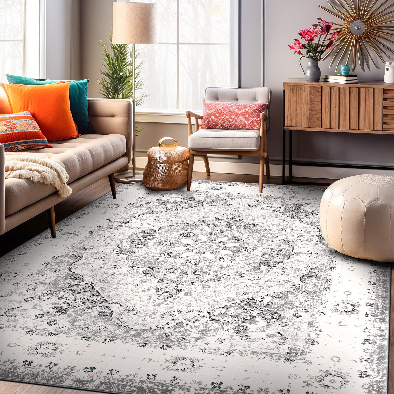Gray Rectangular Synthetic Reversible Medallion Area Rug