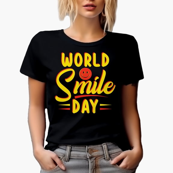 World Smile Day with Smiling Face, Black T-Shirt, Small