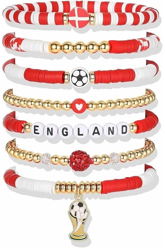 World Soccer Game-day Cup Bracelet Set Stack-able Bracelets 7-Piece Stretchy Handmade Bracelets with Soccer Beads Golden Crystal Accents Wear Soccer Fan Jewelry