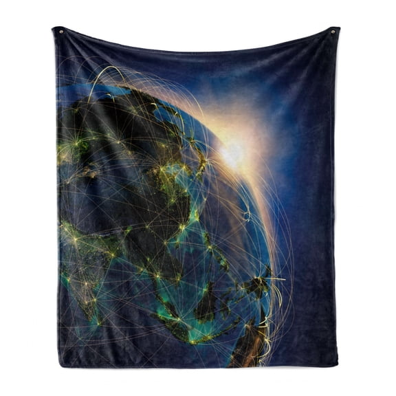 World Soft Flannel Fleece Blanket, Vivid Globe of World in Space Covered by Luminous Network and Rising Sun Image, Cozy Plush for Indoor and Outdoor Use, 60" x 80", Blue Yellow Green, by Ambesonne