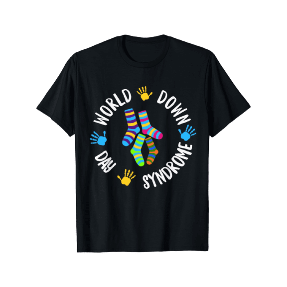 World Down Syndrome Day Awareness Tee - 100% Cotton, Black with Colorful Handprints & Socks Design, Short-Sleeved, Round Neck - Perfect Casual Wear & Gift for Support