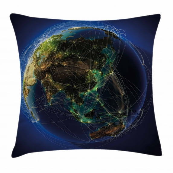 World Throw Pillow Cushion Cover, Earth Surrounded by Thin Lines Major Air Routes Navigation Trajectory Theme, Decorative Square Accent Pillow Case, 20 X 20 Inches, Blue Green Brown, by Ambesonne
