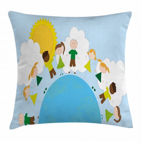 World Throw Pillow Cushion Cover, Smiling Kids over Planet Drawing All Children of the World Happy Friendship Peace, Decorative Square Accent Pillow Case, 20 X 20 Inches, Multicolor, by Ambesonne