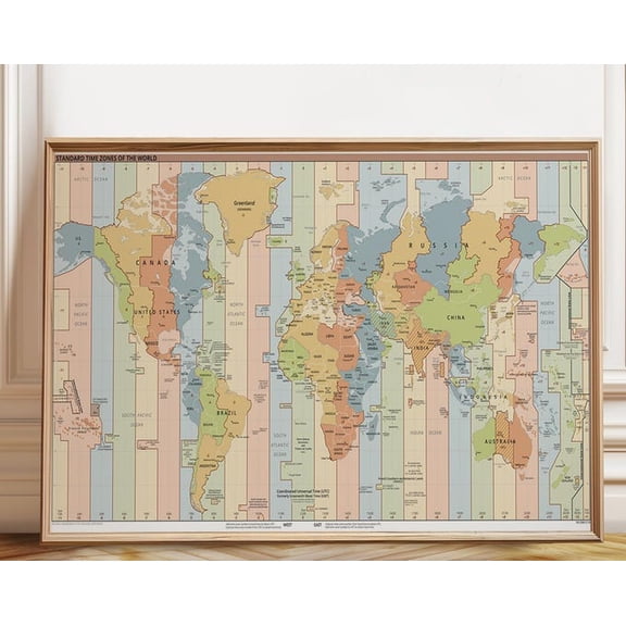 World Time Zone Map Educational Geography Wall Art Print, Unframed Paper Poster 11x14in