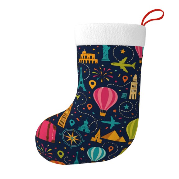 World Travel Adventure Pattern Christmas Stocking, Holiday Tree Stocking with Hanging Loop for Mantel and Fireplace