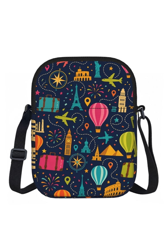 World Travel Adventure Pattern Zipper Crossbody Bag Everyday Travel Pouch Adjustable Strap Commuter Bags