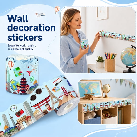 World Travel Classroom Borders 3 Inch Blue Scalloped Bulletin Board Border, Globe for Classroom and Hot Air Balloon Decor for Teacher Supplies, Back to School Party Decorations