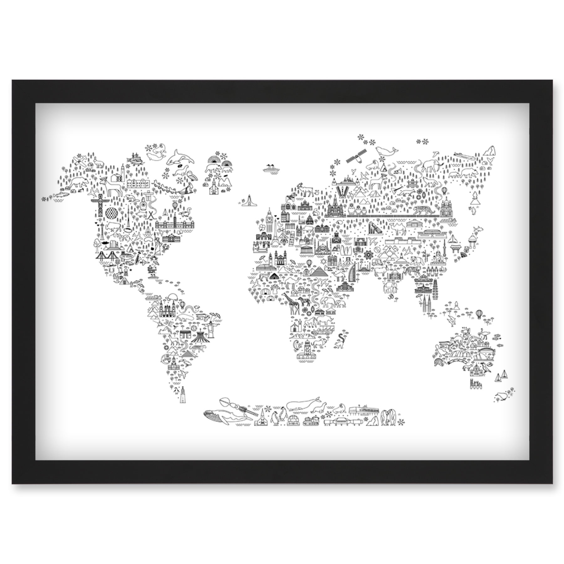 World Travel Landmark Line Icons Map For Kids Bedroom Education Artwork ...