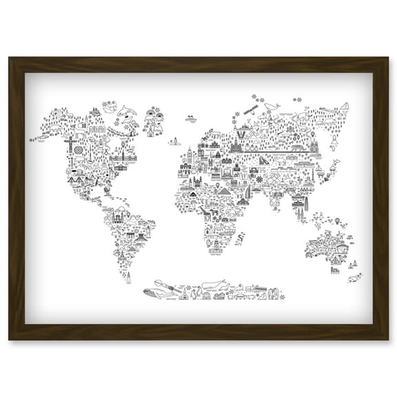 World Travel Landmark Line Icons Map For Kids Bedroom Education Artwork Framed Wall Art Print A4