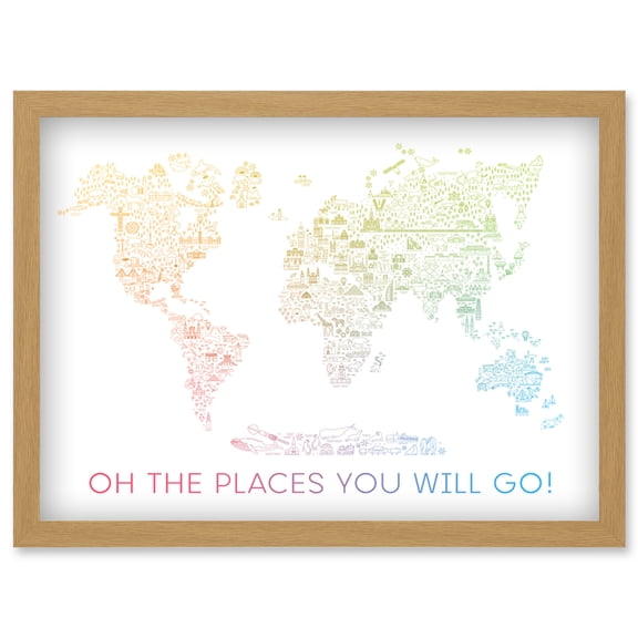 World Travel Landmark Line Map Oh The Places You Will Go! Rainbow White Artwork Framed Wall Art Print A4