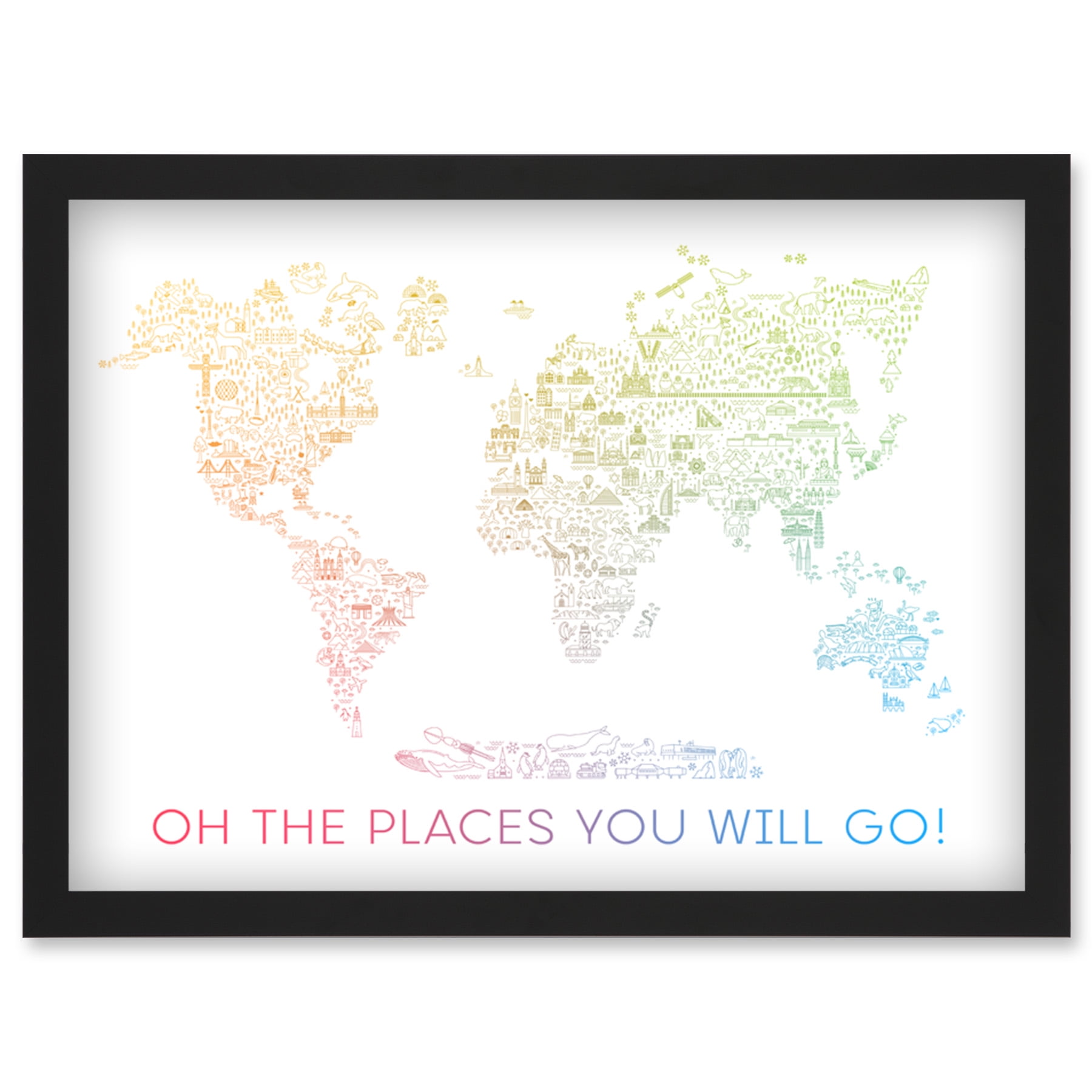 World Travel Landmark Line Map Oh The Places You Will Go! Rainbow White Artwork Framed Wall Art ...