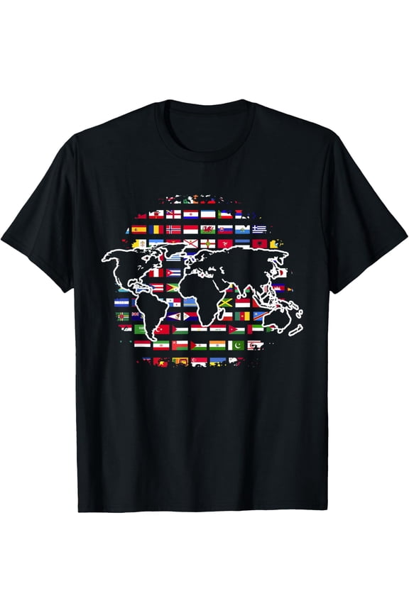 World Travel Map World Map International Flags T-Shirt- Classic Unisex 100% Cotton Crew Neck T-Shirt Breathable Casual Everyday Wear Affordable Graphic Free shipping t shirts