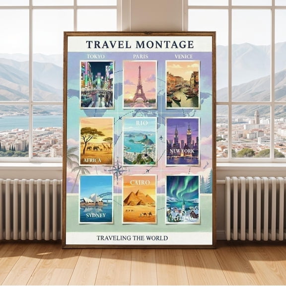 World Travel Poster Collage Vintage Destination Montage Wall Art Global City Prints