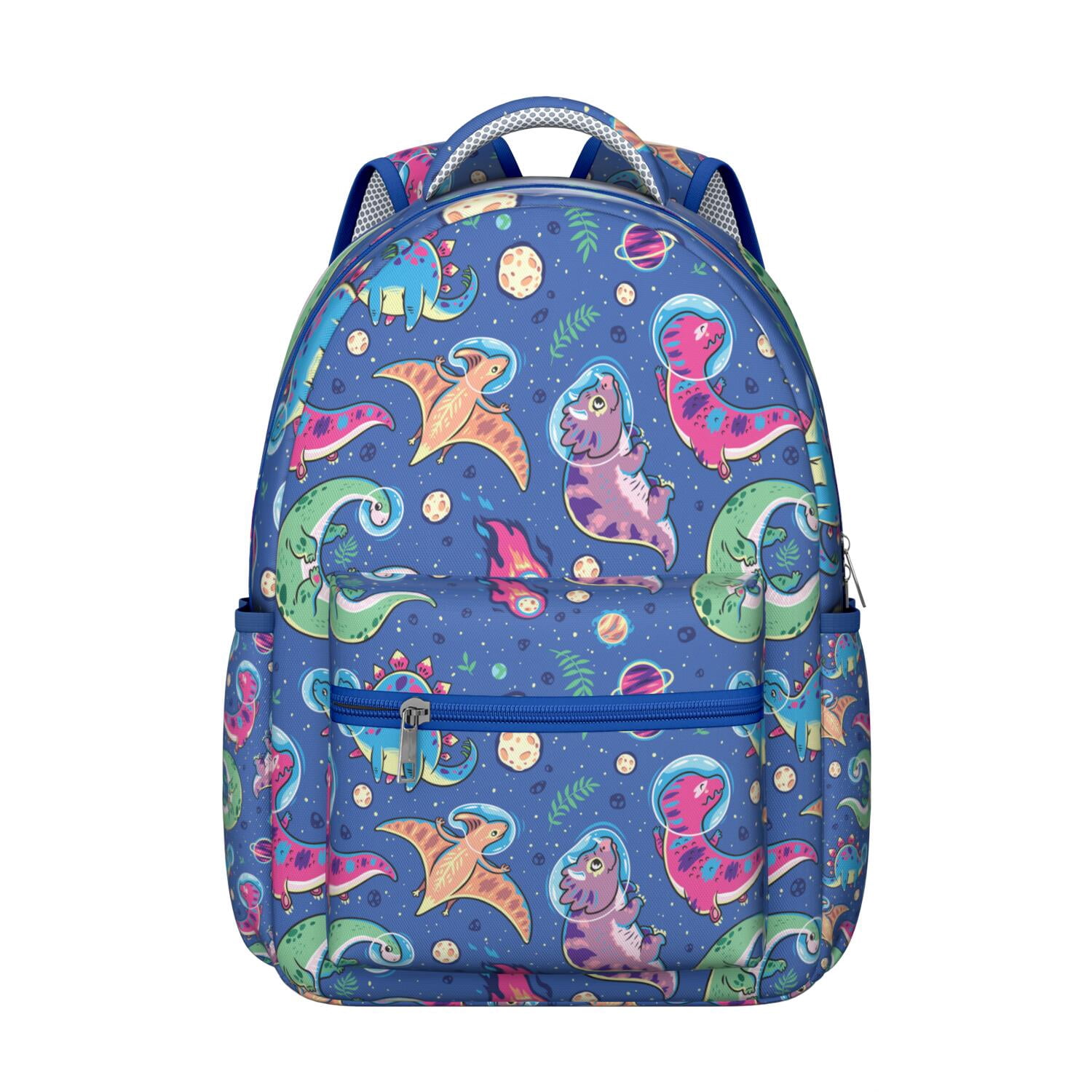 World Travel Themed Waterproof Backpack - Bright & Bold Dinosaur Print School Bag with Multiple Pockets