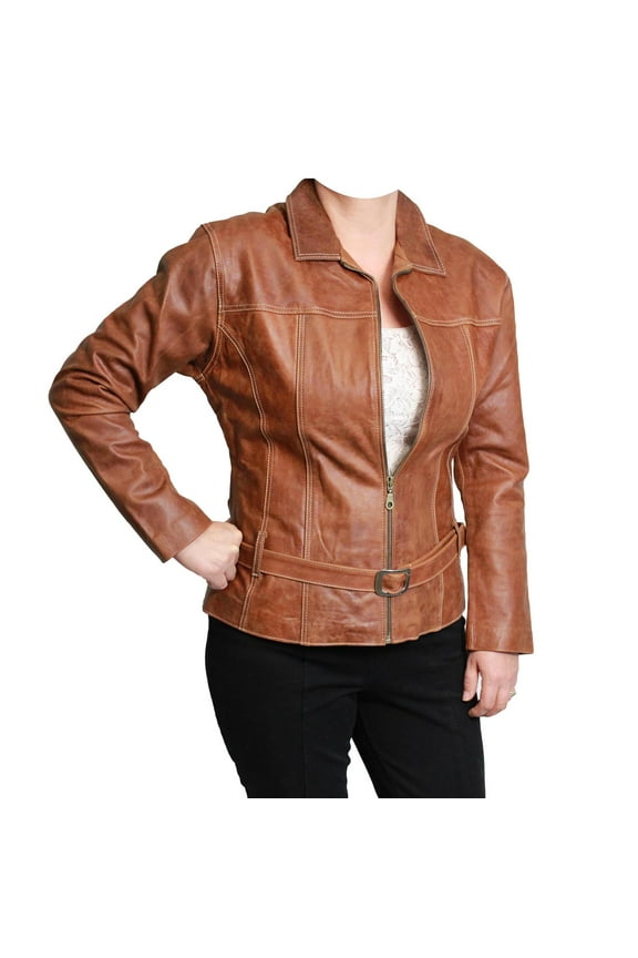 World Traveler Women's Brown Zip-Front with Belt Genuine Leather Jacket - Large