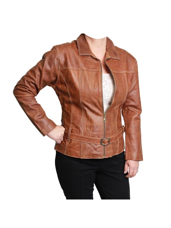 World Traveler Women's Brown Zip-Front with Belt Genuine Leather Jacket - Small