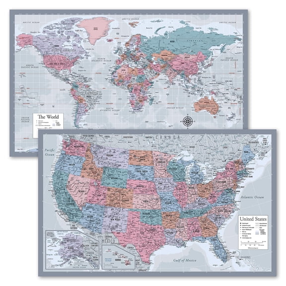 World & USA Map Poster Set 2 Pack 18x29 Inch Laminated Purple