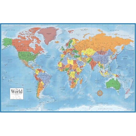 World Wall Map Poster, World Map, Classic Blue Ocean Design Unframed Size 24''x36'' GooGate