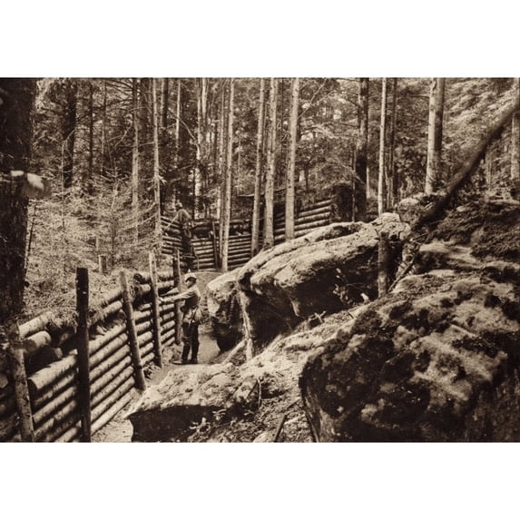 World War 1. A German Trenches In The Vosages Mountains. They Incorporated Boulders And Logs In Their Defensive