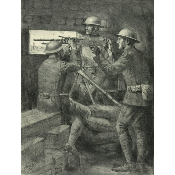 World War 1 Battle Of Verdun. A U.S. Machine Gun Emplacement In The Verdun Trenches. 1927 Lithograph By Lucian Jonas.