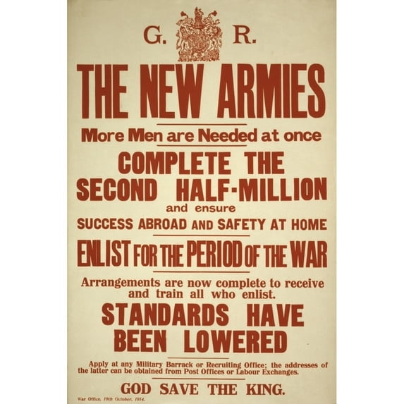 World War 1. British Recruiting Poster Issued By The War Office In October 1914. Britain Relied On Volunteers Until The