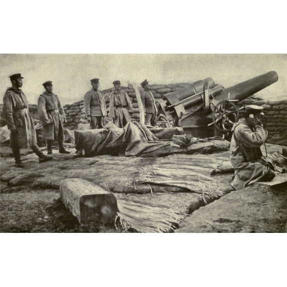 World War 1 In East Asia. Japanese Artillerymen Awaiting Telephone Orders From Headquarters Before The Bombardment Of The German Colony Of Tsingtao. Japanese Shelled The Fort And The City From Oct. 31