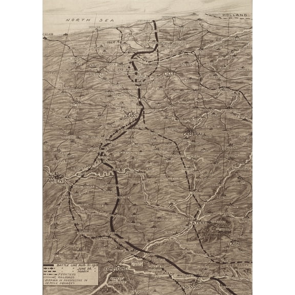 World War 1. Map Of The Western Front During The German Spring Offensive Of 1918. The Solid Dark Line Marks The German Position On August 21. The Dotted Line To Its Left Marks The Furthest German