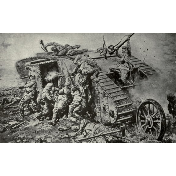 World War 1 Tanks. German Soldiers Attack On A British Tank. Tanks Had Blind Spots And Were Vulnerable To Grenades. Germans Developed Special Bullets And Anti-Tank Rifles. Drawing Ca. 1916-18.