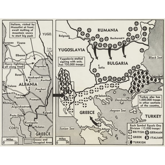 World War 2 Map Of Greece And The Balkans In 1941. Symbols Show The Positions Of British History