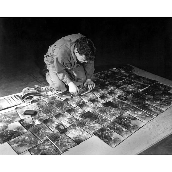 World War 2 Strategic Planning For The Invasion Of Europe. U.S. Army Engineer Laying Out The Aerial Photographs. Kew
