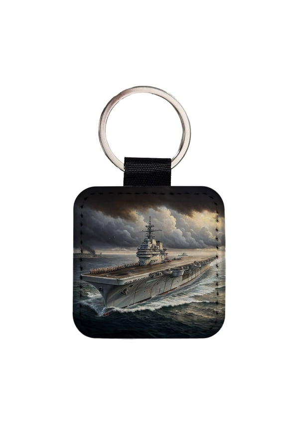 World War 2 WWII Navy Aircraft Carrier At Sea Faux Leather Square Keychain
